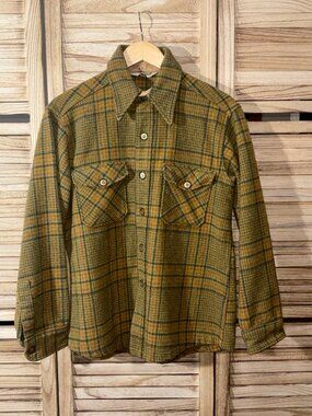 Vintage Woolworth Pure Virgin Wool Flannel Shirt Gold Green Plaid Men's L